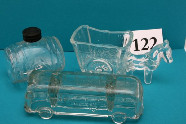 3 Misc. Candy Containers: n/pic - (3pcs)Bus - "Victory Lines Special" - No paint - N/C Barrel - On four small feet - O/C Horse with Two Wheeled Cart" - Clear glass - N/C