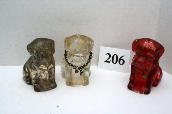 3 Dog Candy Containers: n/pic - (3pcs)Dog - "Hound Pup without Hat" - Flashed red w/chain - N/C Dog - "Hound Pup without Hat" - 50% Silver flashed - no chain - N/C Dog - "Hound Pup without Hat" - Clear glass w/chain - N/C