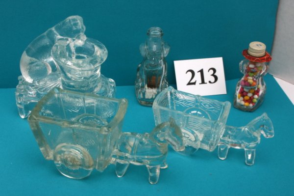 5 Misc. Candy Containers: n/pic (5pcs)Dog - "Little Doggie in the Window" - Glass only Dog - "Hound Pup - Narrow Screw Top" - Original candy - O/C Dog on Stand with Hat - Toothpick holder - N/C Horse - with Two Wheeled Cart -