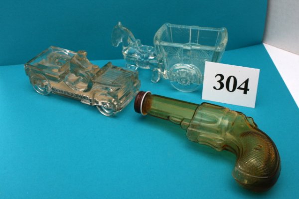 3 Misc. Candy Containers: n/pic - (3pcs)Gun - "Plain Revolver" - Amber glass û Repro Horse with Two Wheeled Cart - N/C Jeep - Willys - Repro closure