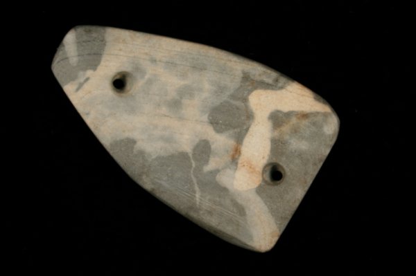 GORGET: GORGET, BANDED SLATE, 3 3/8", FOUND MAY 6, 1912, CLAGUE ROAD, WESTERN CUYAHOGA CO., OH., EX-A.G. SMITH