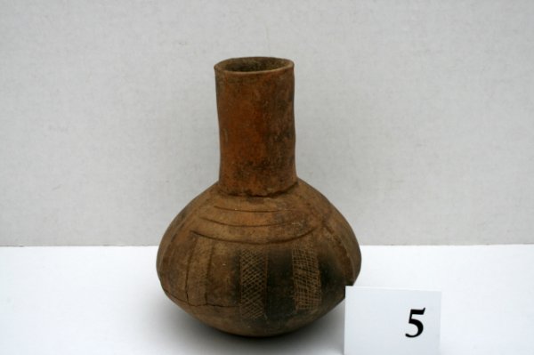 4 1/2" x 6" Bottle: 4 1/2" x 6" Bottle with Appliqué and Engraved Cross Hatched Panels from Roberson Mound, Clark Co. Ark. ( Body cracked, neck glued on)