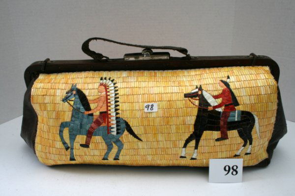 Indian Doctors Bag: Great Old Reservation Era Indian Doctors Bag fully quilled decorated on both sides – one side features Indian Coup Ponies and the other side features Chief and Warrior Indians on Horseback – this