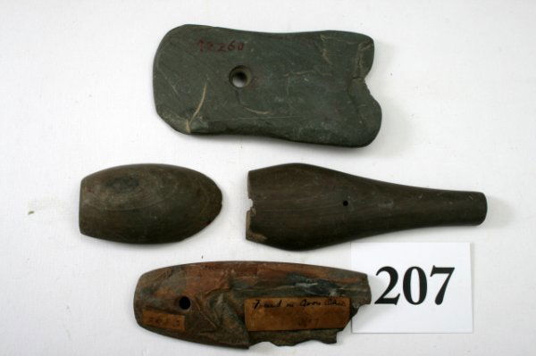 Four Broken Slate Artifacts: Four Broken Slate Artifacts – Pendant, Pipe and Two Gorgets – Ohio – largest 4