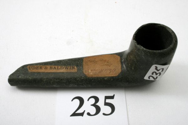 Steatite Elbow Pipe: 4 5/8" Steatite Elbow Pipe – old tag reads "Ohio River near Evansville Indiana" (Chip at mouthpiece)