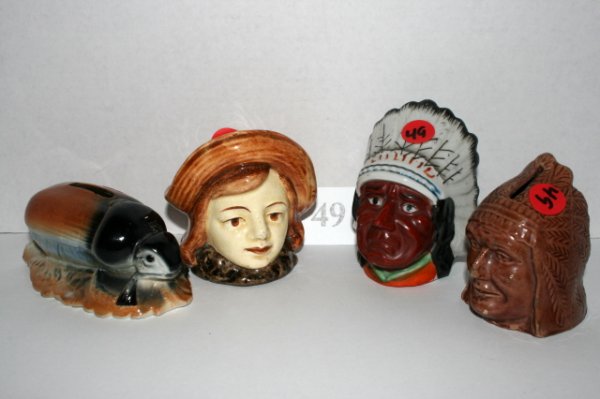 Pottery Bank 4 pc. lot: Pottery Bank 4 pc. lot – Girl with hat, Beetle, Indian chief, Indian Chief