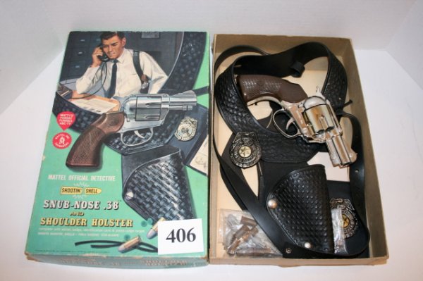 Mattel Shootin Shell: Mattel Shootin Shell 8 wwb nose .38 w shoulder holster & paperwork (some writing) mint box