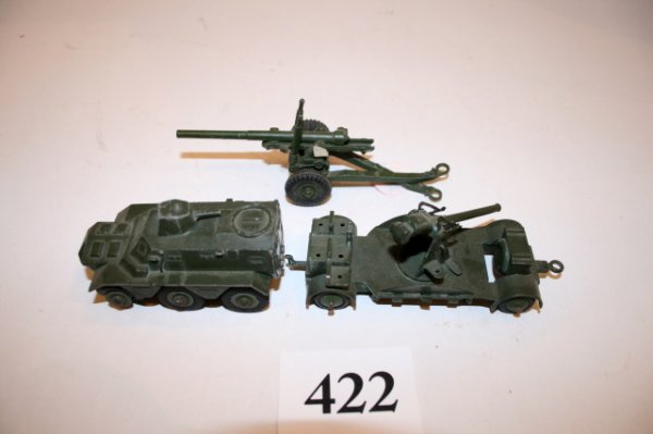 Dinky Military Med. Field: Dinky Military Med. Field Grn, Mobile 8 8 Armored Personnel, 1950's 3 pcs. vg