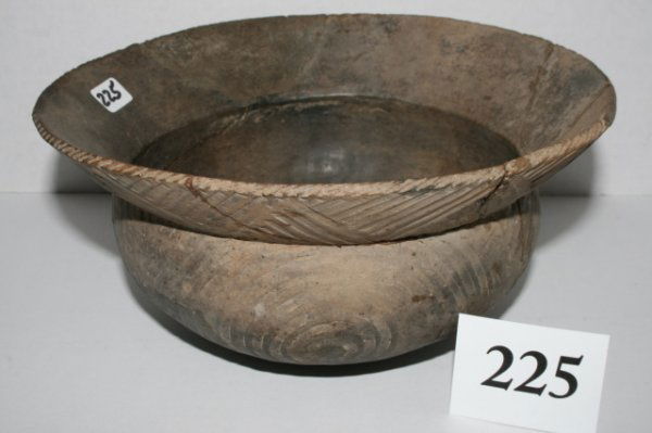 8 1/2" x 4" Bowl: 8 1/2" x 4" Bowl with notched rim, hatched triangles on rim and concentric circles on body found 1929 on Kimes Place, Buckville, Ovachita River Garland Co. Ark (Broken, Glued, Restored)