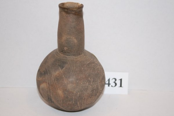 6 1/2" Engraved Caddo Water Bottle: 6 1/2" Engraved Caddo Water Bottle – slight restoration to rim – Ark. – nice