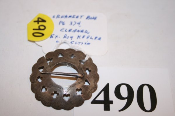 1 7/16" Silver Broach Heart and Cross: 1 7/16" Silver Broach Heart and Cross Cut-Out Design has stress crack page 374 Holthams Indian Ornament Book – Ex. Roy Keeler Collection
