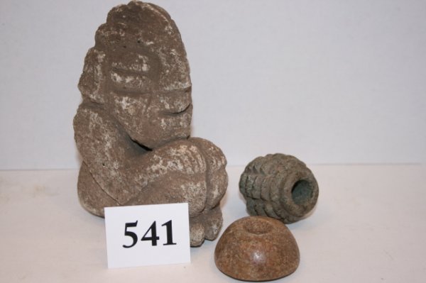 Group of Three Pre-Columbian Items: Group of Three Pre-Columbian Items: 5 3/4" Mayan Stone Human Effigy, 2 1/8" Polished Jadite Bead and 2 1/4" mase head of jadite