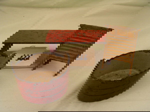 Iron Laundry Bench, Washtub, Washboard: Lot of 3 pcs. Painted Iron Laundry Bench 4 7/8" x 2", Washtub 2 3/8" x 1 1/4", Washboard 2" x 2 5/8"