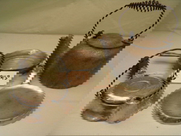 Aluminum Wagner Ware Toy Set: Aluminum Wagner Ware Toy Set – 4 pieces – Tea Kettle "B", Skillet, Handled Griddle No. 855, Waffle Iron - Pat'd Feb. 22, 1910 (teakettle needs cleaning)