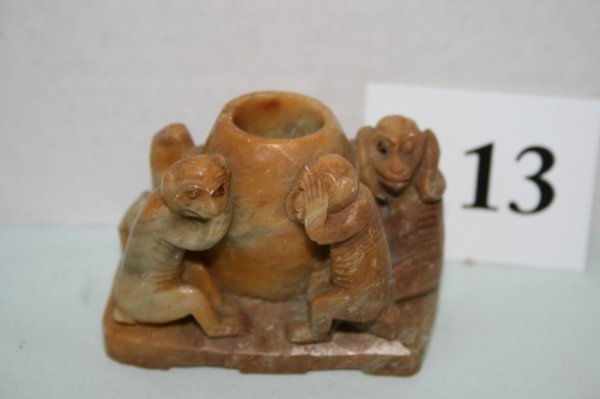 oriental soapstone carving of monkeys: Small oriental soapstone carving of monkeys
