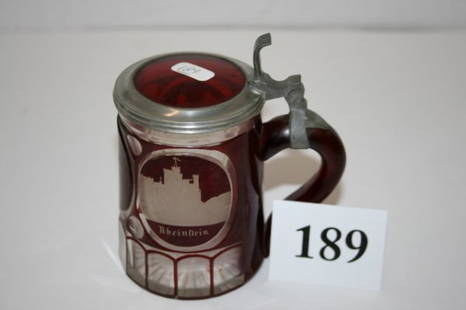 Bohemian red cut to clear German stein: Bohemian red cut to clear small German stein with castle scenes