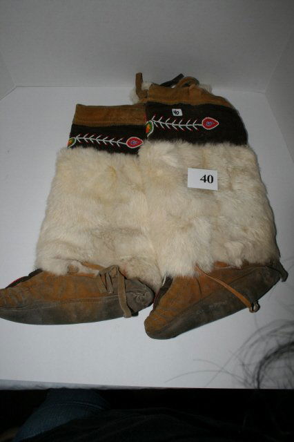 Pair of Leather Boots: 15" Pair of Leather Boots, Beaded Tops with animal fur sides – circa 1940's