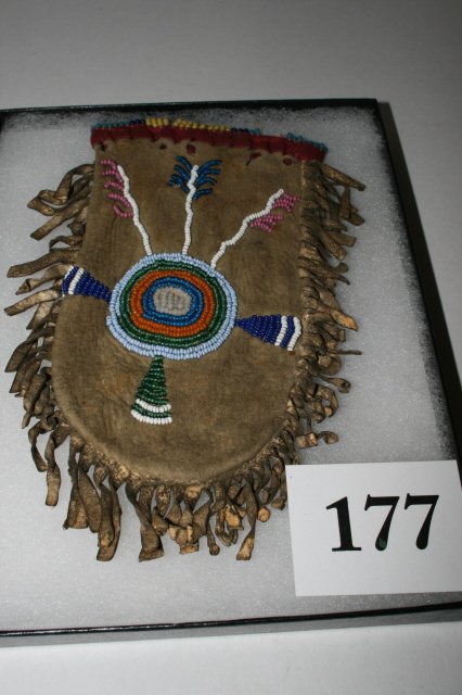 Beaded bag: 6 1/2" 2 Sided Beaded bag with fringe and old trade cloth