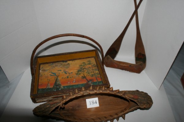 3 Tourist Items: 3 Tourist Items: Birch Bark Tray, Wood Wall Hanging, Birch Bark Canoe, largest 18 1/4" long