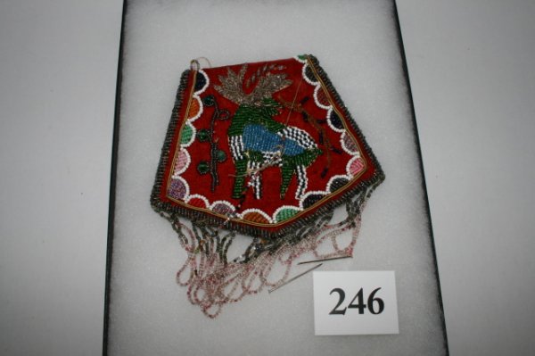 2 sided Beaded Bag: 5 x 6 – 2 sided Beaded Bag, one side has Moose Design Loop Drops – good condition, some bead loss on sides, nice colorful bag