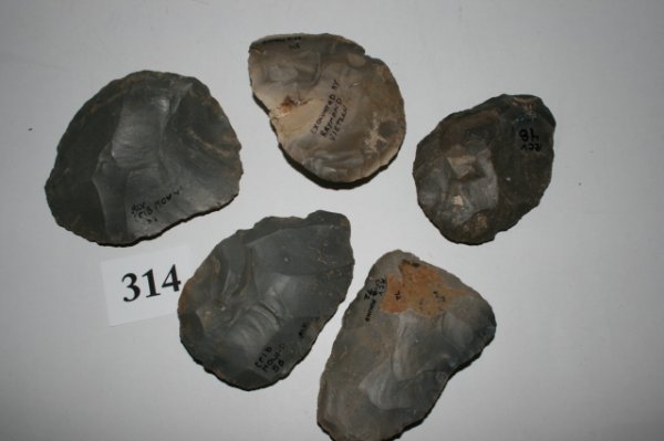 Five Hornstone Crib Mound Blades: Five Hornstone Crib Mound Blades excavated by Raymond Vietzen – largest 4 1/2"