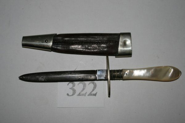 7" Boot Knife or Garter Knife: 7" Boot Knife or Garter Knife, pearl handle with leather sheath Knife – marked Joseph Allen & Sons Sheffield, England