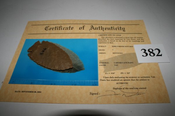 Kirks Corner Notched Point: 3 3/8" Kirks Corner Notched Point of Carter Cave Flint – Kentucky – Davis C.O.A.