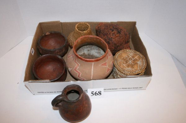 4 Pottery Items & 3 Baskets: Lot of 4 Pottery Items & 3 Baskets – 1 Pine needle basket, 1 Birch Bark Lidded Basket, 1 Apache Water Jar Basket, 2 small pottery bowls, large decorated jar, 1 handled jar (some damage)