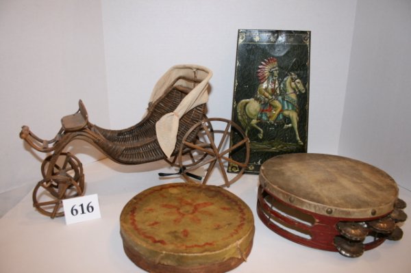 Lot of 2 Tambourines: Lot of 2 Tambourines, Toy Buggy, tin bisquit can