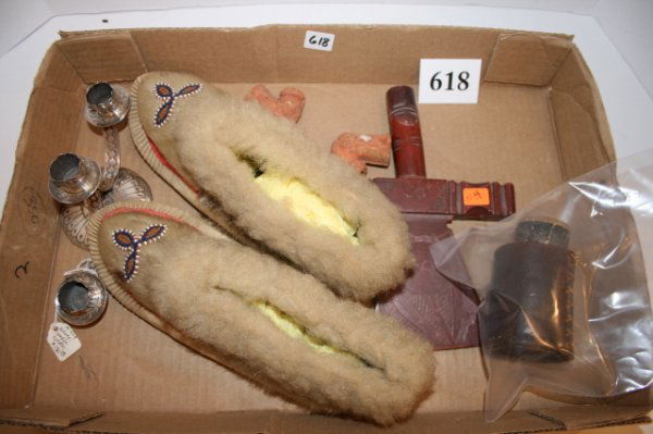 Lot of Candle stick Holder: Lot of Navajo Hand Made Silver Candle stick Holder, 2 clay pipes, engraved damaged catlinite axe, pair of N.W. Coast Moccasins, Leather Dice Shaker