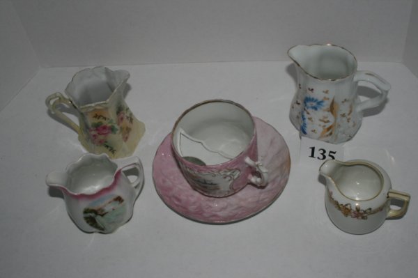 5 pieces of china: 5 pieces of china – Mustache cup with H.P. Tower scene, Germany creamer, Niagara Falls creamer, Nippon creamer, 1 unsigned