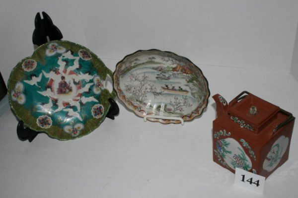 3 Oriental pieces: 3 Oriental pieces – 8" Geisha girl with cranes, Brown tile teapot, 7 ½" garden scenic bowl