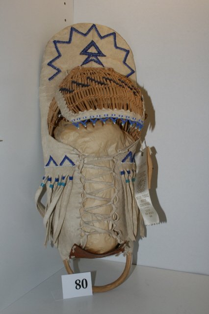 Indian Doll Baby Cradle Board: 19" Indian Doll Baby Cradle Board made by Bessie Lake won 3rd prize at Gallop N.M. Inter Tribal Fair 1969
