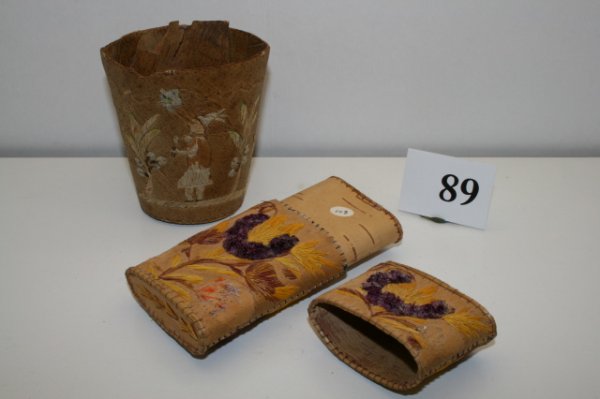 2 pcs.Cigar Case & Birch Bark Cup: 2 pcs. 5 1/2" Birch Bark Cigar Case with moose hair embroidery (missing some seeds) nice! & 3 3/4" Birch Bark Cup with moose hair embroidery (slight damage to rim)