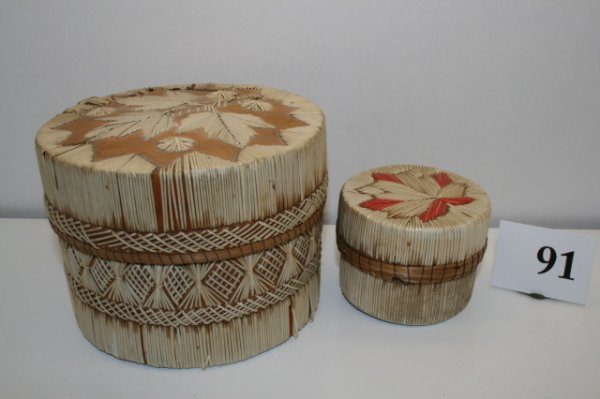 2 pcs. Birch Bark Baskets: 2 pcs. Birch Bark Baskets 3" Maple Leaf Lid, 5 1/2" 3 Maple Leafs on lid, both baskets lidded and have some damage