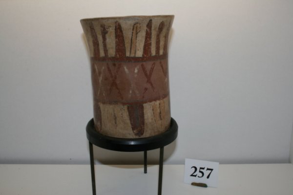 Nasca Beaker Type Vessel: 6 1/4" Tall x 4 5/8" Wide Peruvian Nasca Beaker Type Vessel with pleasing painted design - rim chip and cracked