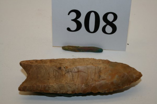 Jasper Paleo Fluted Point: 3" Jasper Paleo Fluted Point found in Paxton, Dauphin Co. Pa. – corner of base restored – Ex. Sterling Martz Collection