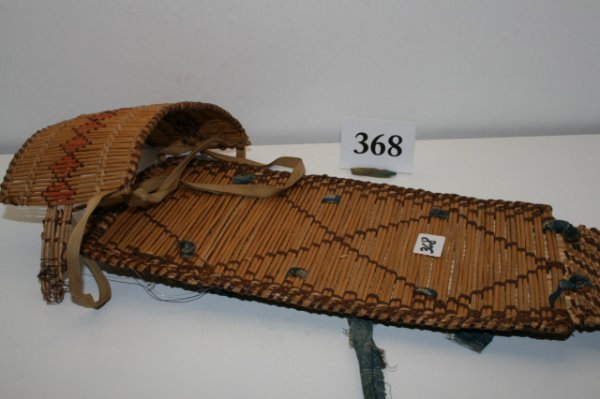 Childs Cradle Board: 13 1/8" Woven Basketry Childs Cradle Board, damaged with missing stitches