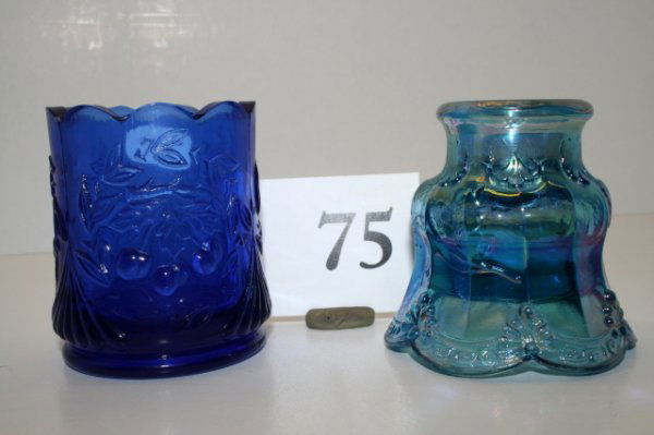 (2) Joe St. Clair Toothpick Holders: (2) Joe St. Clair Toothpick Holders – Cobalt Blue Cherries & Blue Iridescent Chrysanthemum