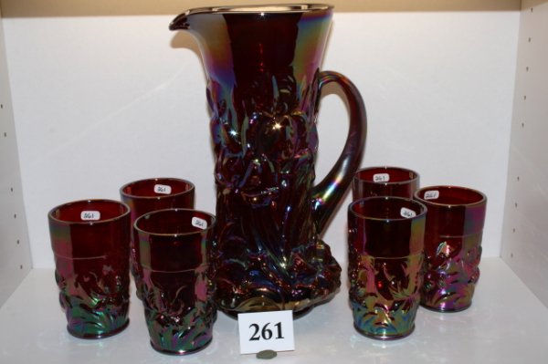 Gibson Pitcher & 6 tumblers: 12 1/4" Gibson Pitcher & 6 tumblers – Iris pattern – Red Iridescent