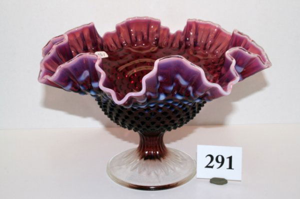 Fenton Plum Open Compote: Fenton Plum with white opal Open Compote – Ruffled Edge 6 1/2" tall x 10 1/4" wide – Hobnail Design
