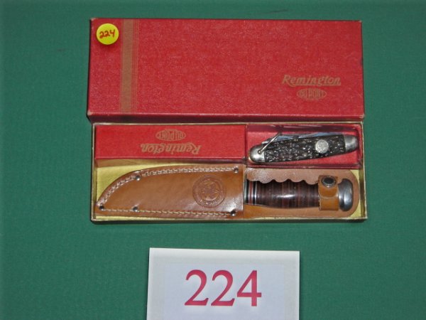 KNIFE: Absolute mint in original box, Remington Boy Scout gift set featuring a bone handle folding hunter and a sheath knife