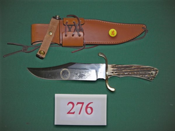 KNIFE: Giant Boker stag handle Bowie mint, 12 ½" overall. This knife features an etched blade honoring Buffalo Bill Cody, Guide, Showman and Scout
