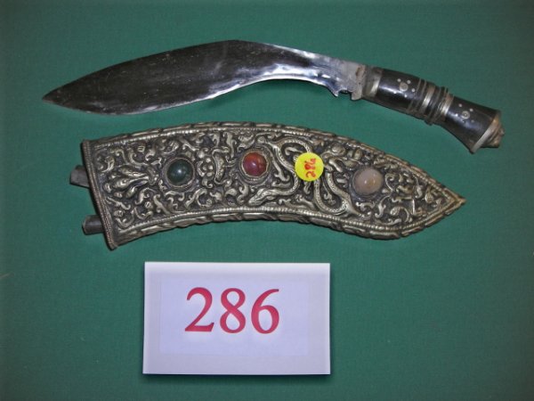 KNIFE: Large Indian Scimitar with fancy jeweled metal sheath, 13 ½" overall