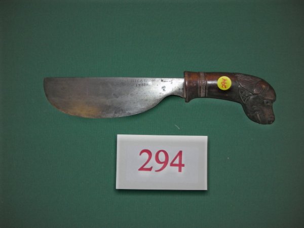 KNIFE: Handmade cleaver type knife, 13" overall, signed Tjipa Tjing and dated 1929, wonderful folk art, carved dogs head handle, looks like a St. Bernard