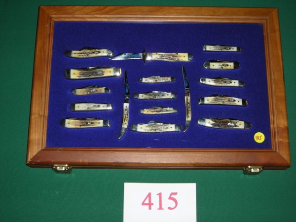 KNIVES: Definitely a highlight! A collection of (17) Case stag handle knives with Blue Scroll blade etchings. This set was made to commemorate the 30th Anniversary of the famous 1970's set of Blue Scroll stag