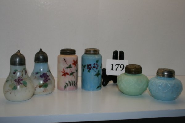3 Pair of Salt & Pepper Shakers: 3 Pair of Salt & Pepper Shakers – Milk Glass with flowers & Fostoria Cord & Tassel (Blue & Green)