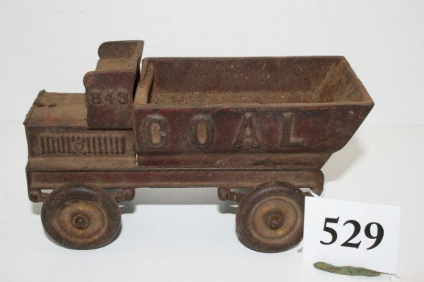 Cast Iron 8" Coal Truck: Cast Iron 8" Coal Truck original Dark Red Paint – rusted or aged patina – missing driver