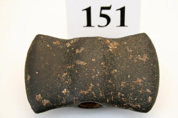 3 1/4" Hardstone Double Bitted Axe Bannerstone: 3 1/4” Hardstone Double Bitted Axe Bannerstone – Greene Co. Ill. – Ex. B.W. Stephans Coll. – B-122