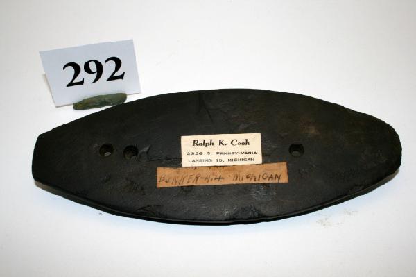 Glacial Kame Gorget: 7 1/4" Slate Three Hole Glacial Kame Gorget – found in Bunker Hill Mich. – ex. Ralph K. Cook Collection